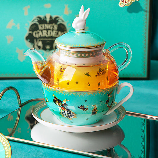 BlanBunny Royal Garden Glass Bone China Tea Pot/Cup Gift Set with Filter