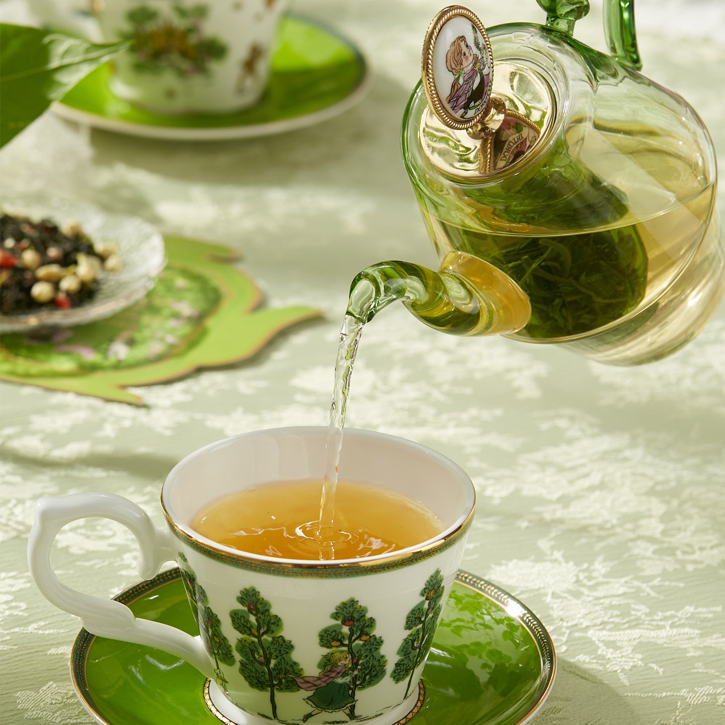 BlanBunny Emerald Journey Teapot Set Stackable Glass & Bone China Teapot with Infuser Cup and Saucer