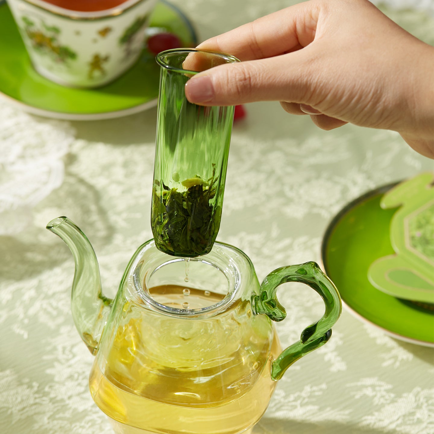 BlanBunny Emerald Journey Teapot Set Stackable Glass & Bone China Teapot with Infuser Cup and Saucer