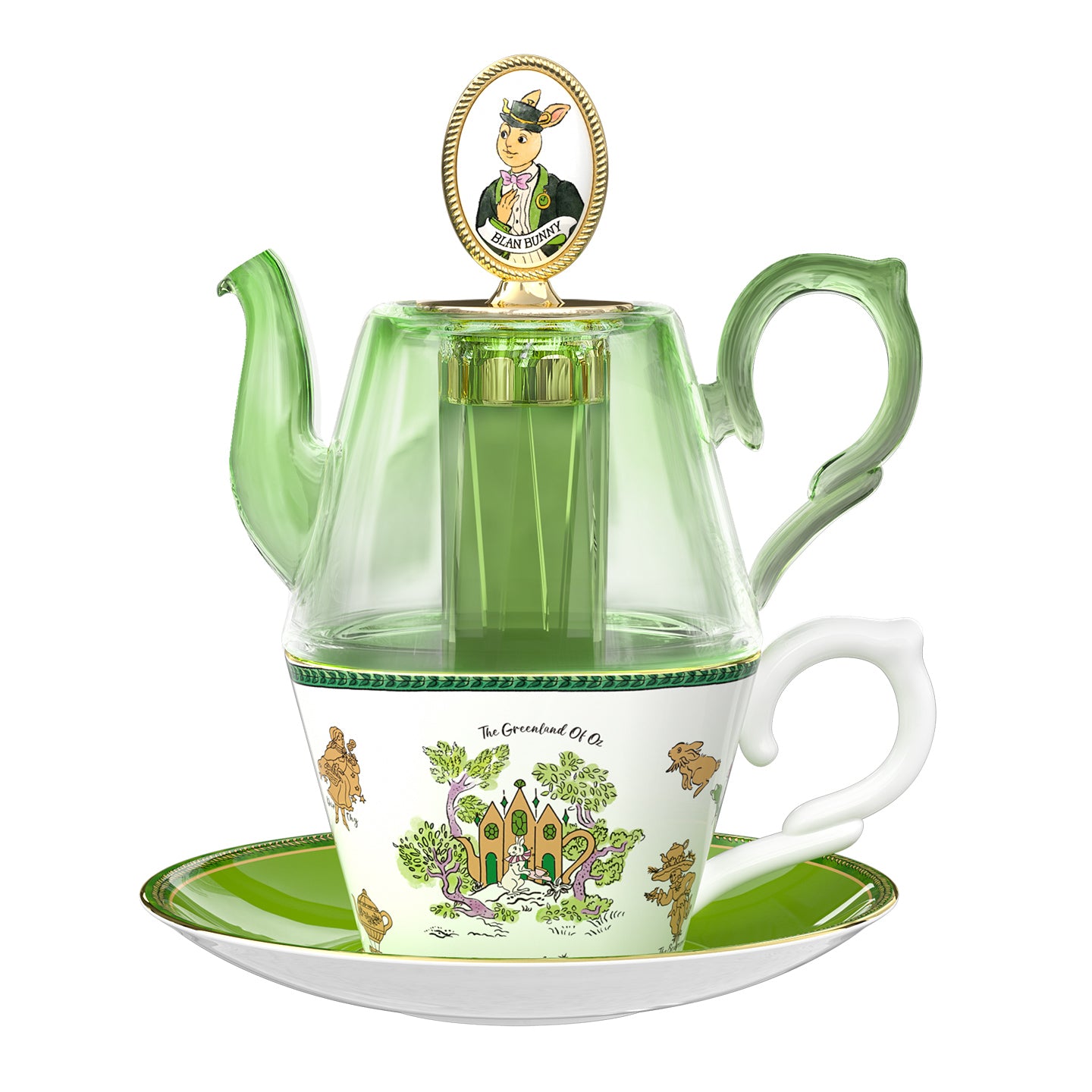 BlanBunny Emerald Journey Teapot Set Stackable Glass & Bone China Teapot with Infuser Cup and Saucer