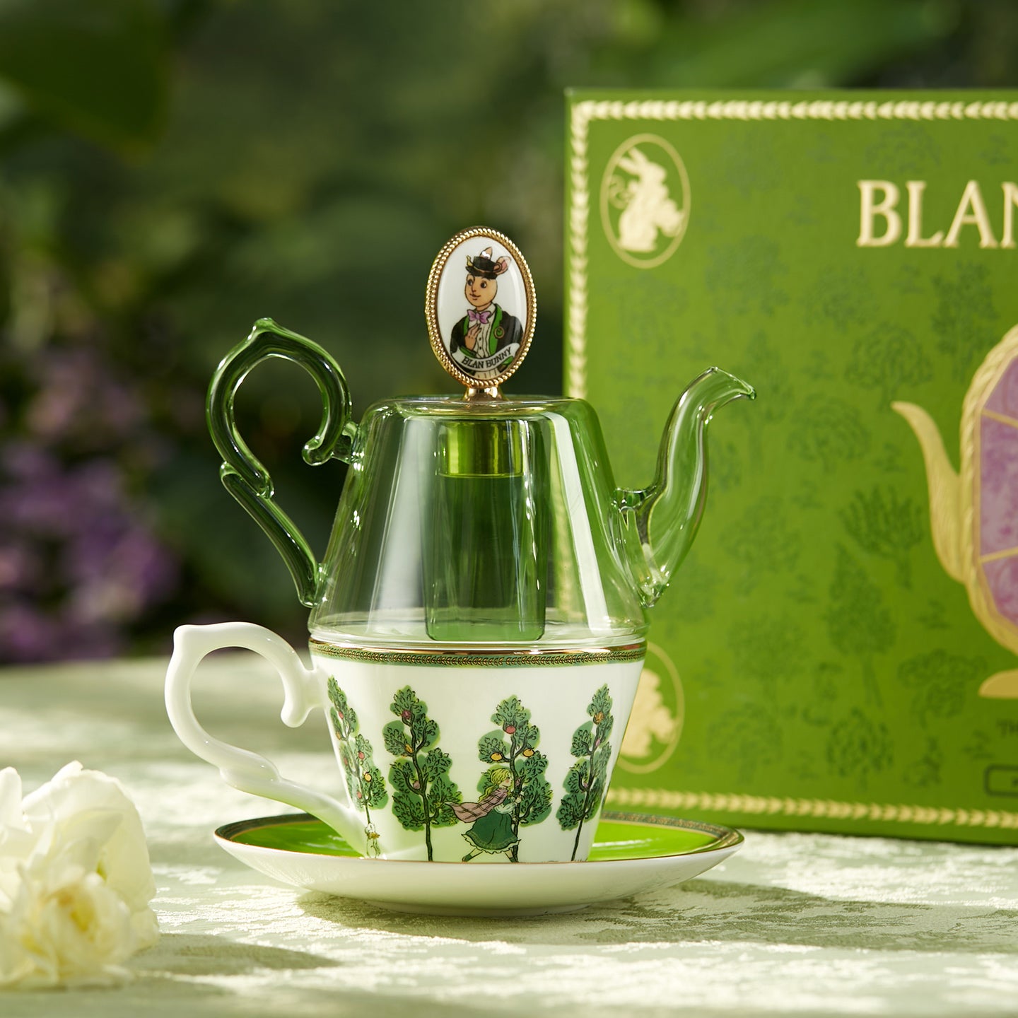 BlanBunny Emerald Journey Teapot Set Stackable Glass & Bone China Teapot with Infuser Cup and Saucer