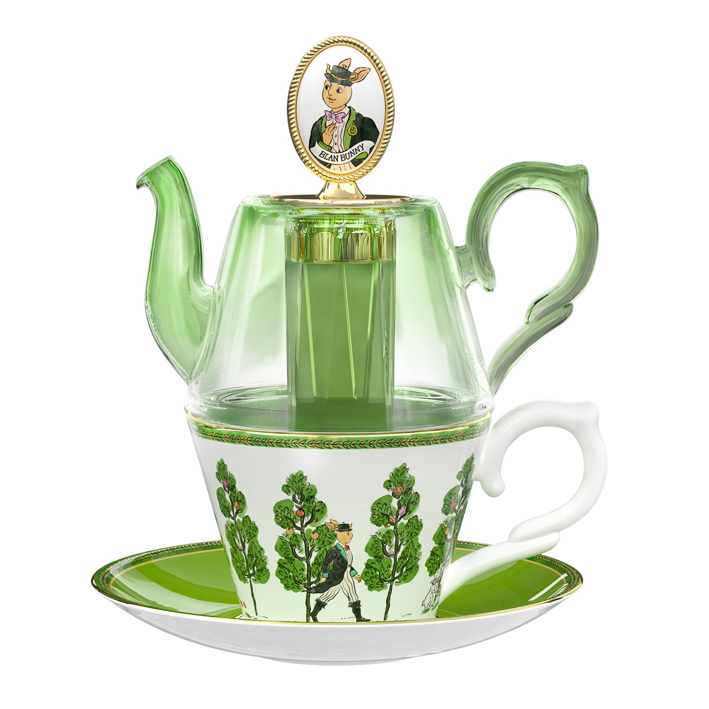 BlanBunny Emerald Journey Teapot Set Stackable Glass & Bone China Teapot with Infuser Cup and Saucer