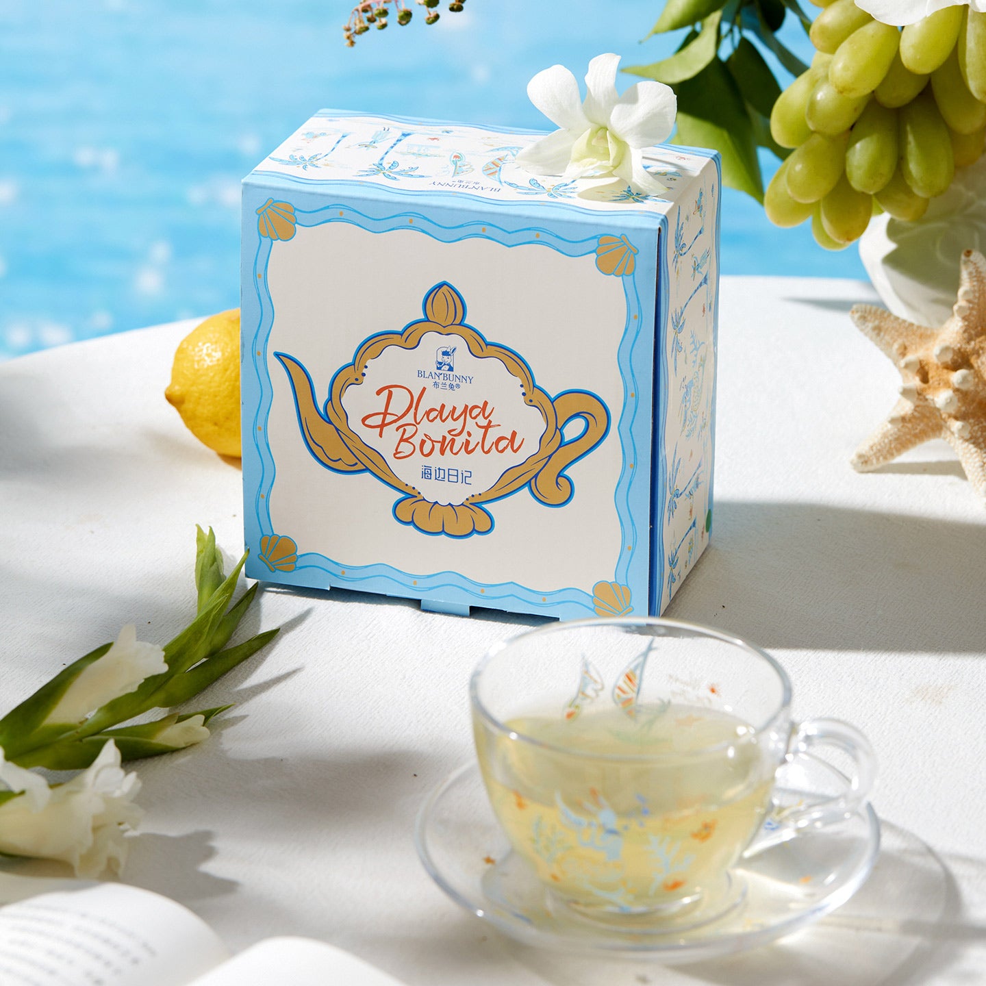BlanBunny Seaside Diary Glass Cup & Saucer Set Vintage Sea-Themed Gift