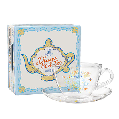 BlanBunny Seaside Diary Glass Cup & Saucer Set Vintage Sea-Themed Gift