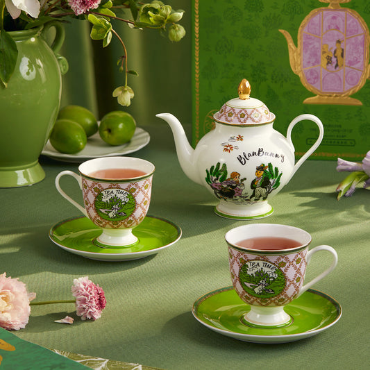 BlanBunny The Green Land of Oz Bone China Teapot with 2 Cups & Saucers Elegant Afternoon Tea Gift Set