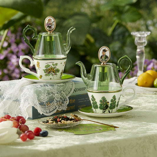 BlanBunny Emerald Journey Teapot Set Stackable Glass & Bone China Teapot with Infuser Cup and Saucer