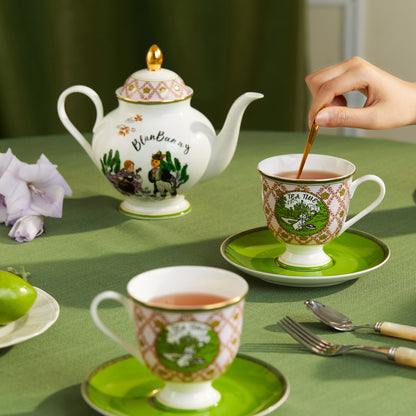 BlanBunny The Green Land of Oz Bone China Teapot with 2 Cups & Saucers Elegant Afternoon Tea Gift Set