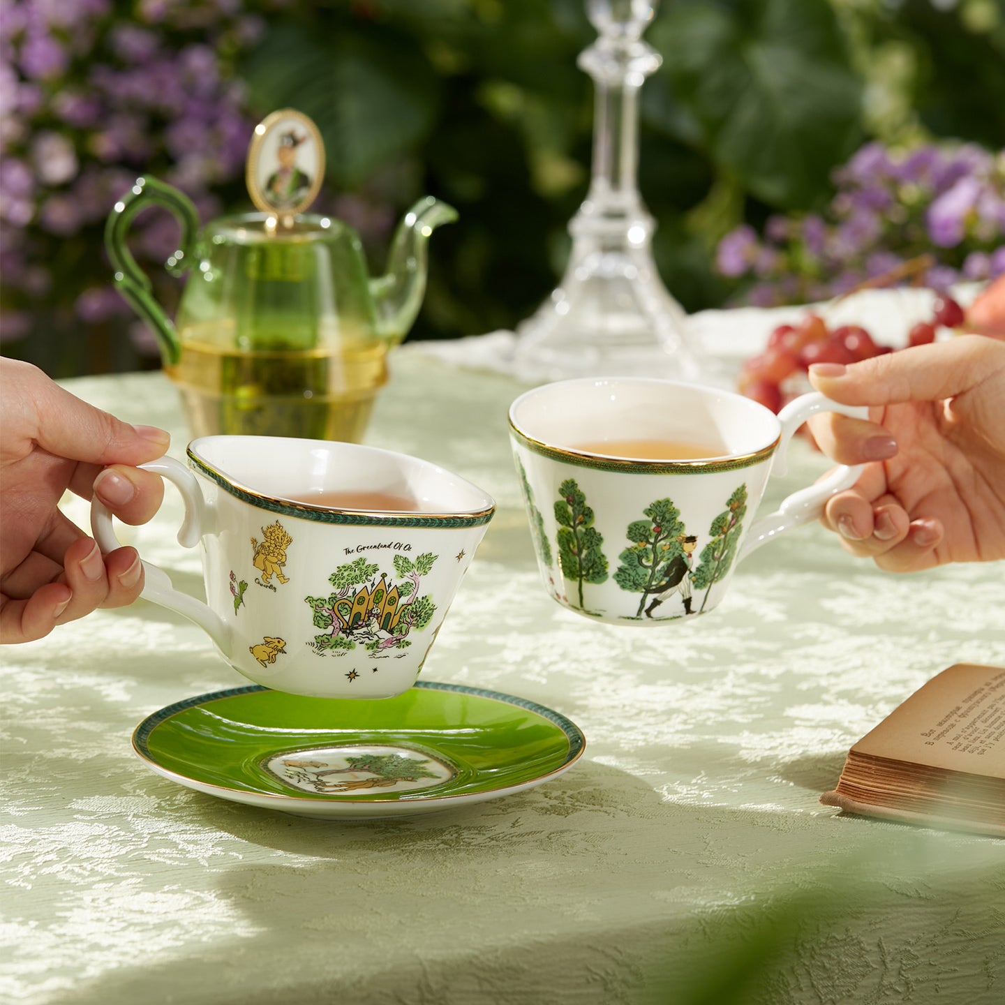 BlanBunny Emerald Journey Teapot Set Stackable Glass & Bone China Teapot with Infuser Cup and Saucer