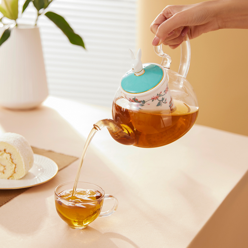 BlanBunny Glass Tea Set - Teapot (600ml), Loose Tea Infuser, 4 Teacups, Tea Warmer with Candlelight, Elegant Blooming Tea Gift Set