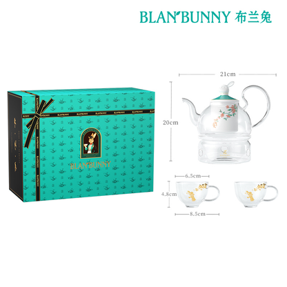 BlanBunny Glass Tea Set - Teapot (600ml), Loose Tea Infuser, 4 Teacups, Tea Warmer with Candlelight, Elegant Blooming Tea Gift Set