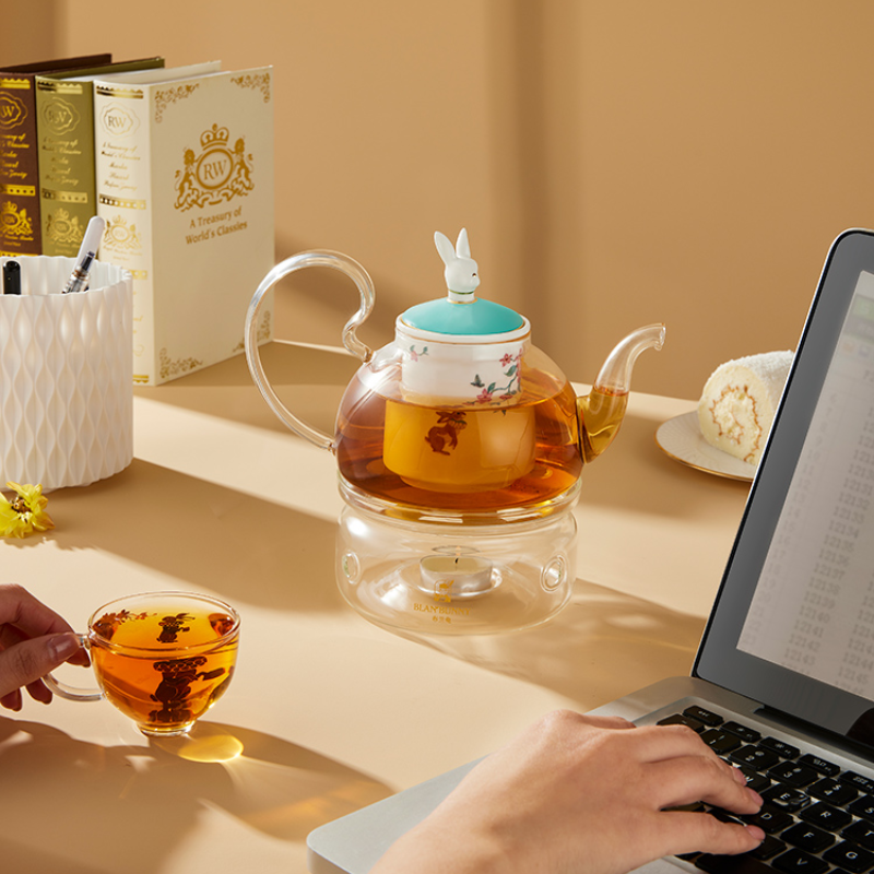 BlanBunny Glass Tea Set - Teapot (600ml), Loose Tea Infuser, 4 Teacups, Tea Warmer with Candlelight, Elegant Blooming Tea Gift Set