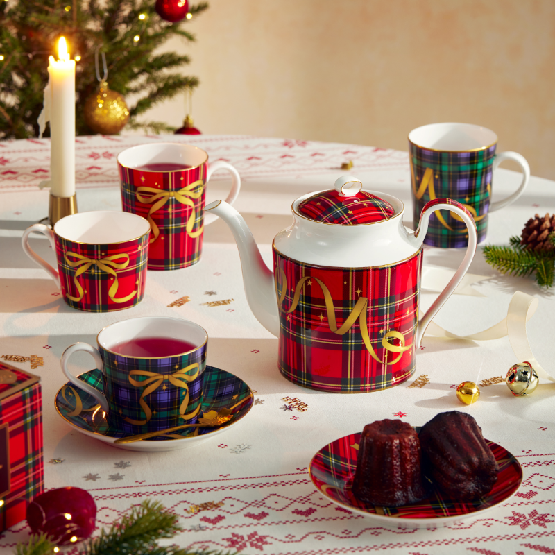 BlanBunny Golden Ribbon Bone China Tea Set Teapot, Cup & Saucer, Mug Christmas & Holiday Gift