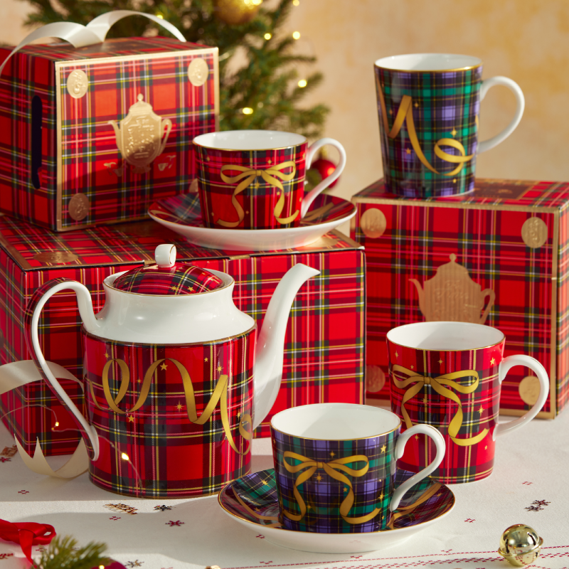 BlanBunny Golden Ribbon Bone China Tea Set Teapot, Cup & Saucer, Mug Christmas & Holiday Gift