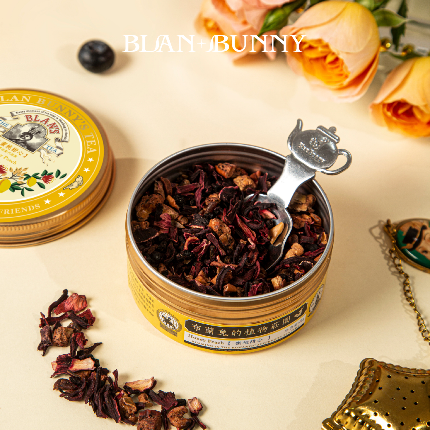 BlanBunny Peach Sweetheart Peach and blueberry Herbal Tea Classic Tin Loose Leaf, Premium Non-Caffeinated Fruit Blend