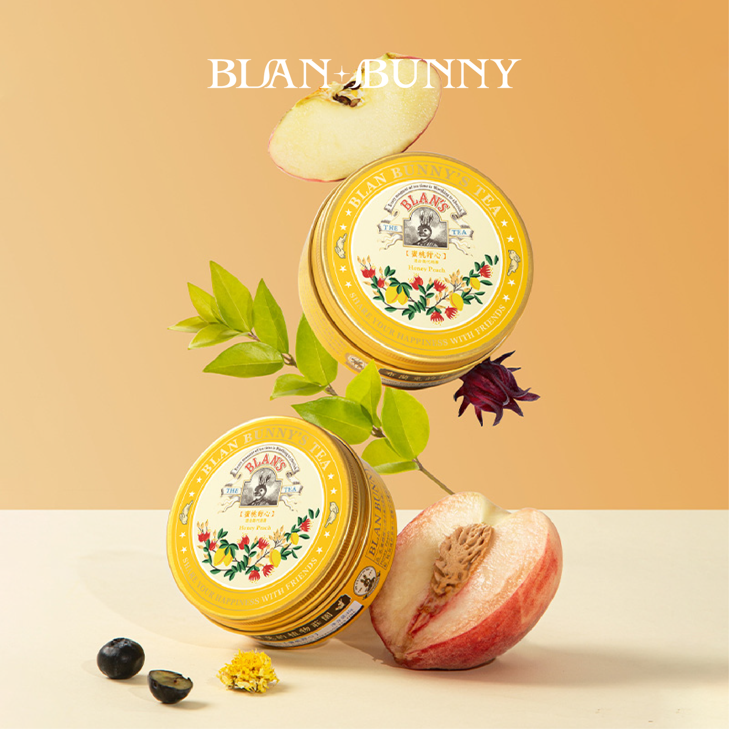 BlanBunny Peach Sweetheart Peach and blueberry Herbal Tea Classic Tin Loose Leaf, Premium Non-Caffeinated Fruit Blend
