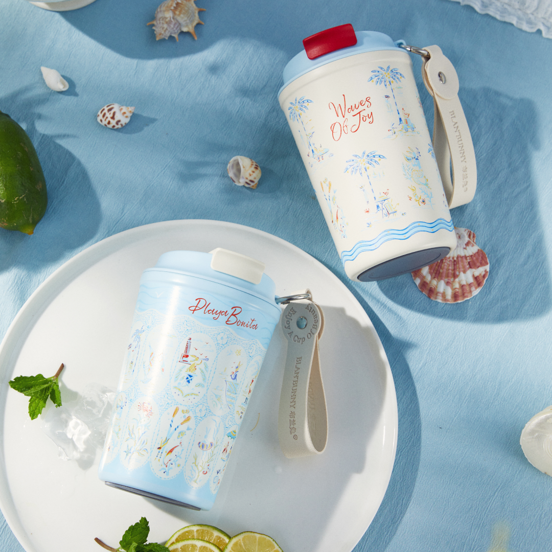 BlanBunny Seaside Diary Travel Mug Thermos Cup Insulated Portable Coffee Mug Keeps Heat and Cold