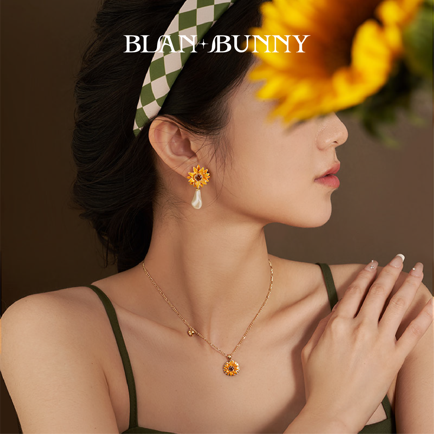 BlanBunny Sunflower Jewelry Crystal Glass Baroque Pearl Stud Earrings and Necklace Set Unique Christmas Gift
