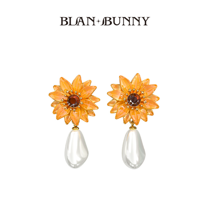 BlanBunny Sunflower Jewelry Crystal Glass Baroque Pearl Stud Earrings and Necklace Set Unique Christmas Gift