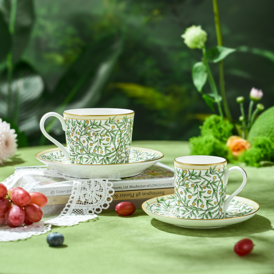 BlanBunny Verdant Vine Bone China Tea Cups and Saucers Set Porcelain Cups with Gold Trim Coffee Cup Saucer Gift Set for Party Christmas Gift