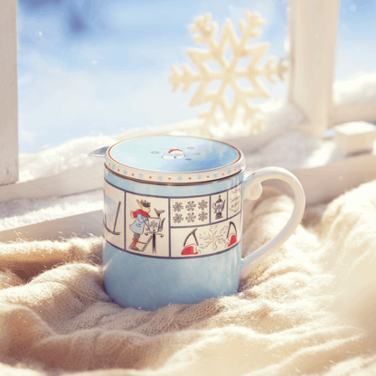 BlanBunny Autumn & Winter Snowflake Lantern Bone China Mug with Lid – Stainless Steel Tea Infuser