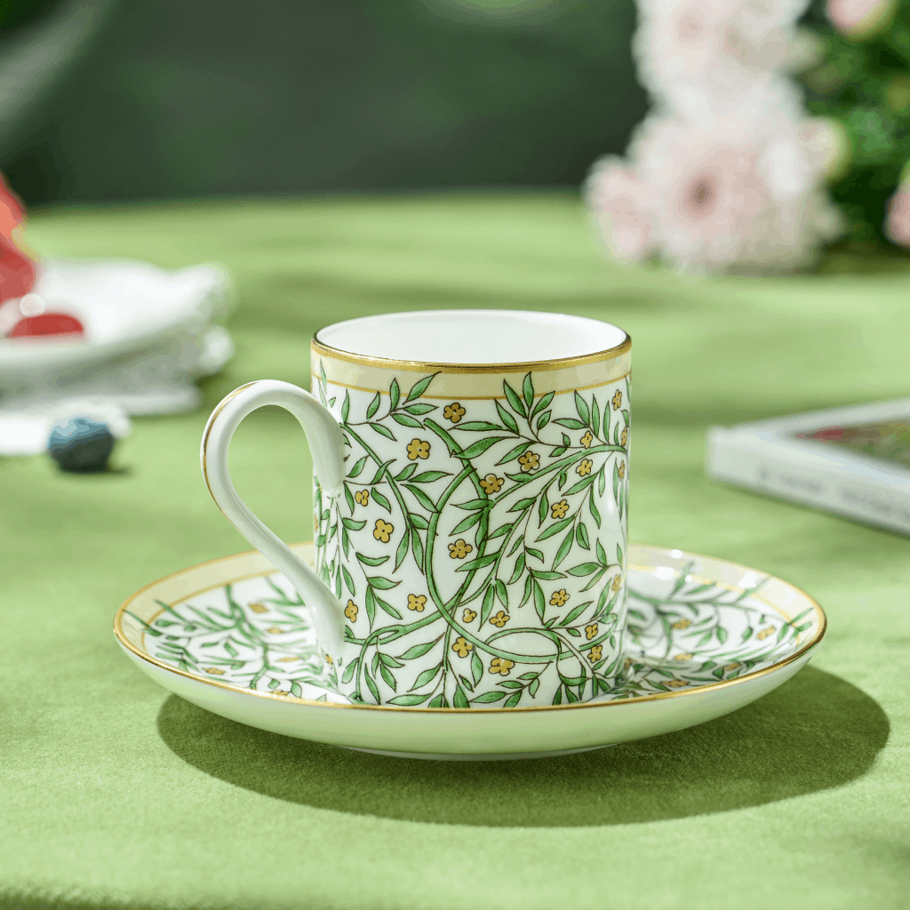 BlanBunny Verdant Vine Bone China Tea Cups and Saucers Set Porcelain Cups with Gold Trim Coffee Cup Saucer Gift Set for Party Christmas Gift