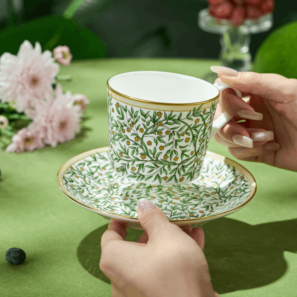 BlanBunny Verdant Vine Bone China Tea Cups and Saucers Set Porcelain Cups with Gold Trim Coffee Cup Saucer Gift Set for Party Christmas Gift