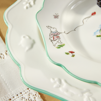 BlanBunny Willow Kite 4-Piece Porcelain Dinnerware Set – Embossed Plates, Bowl & Cup, Microwave & Dishwasher Safe, for Everyday Dining