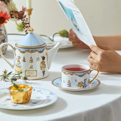 BlanBunny Nutcracker Twirling Party Bone China Tea Set – 900ml Teapot + 150ml Cup & Saucer, Vintage Afternoon Tea Gift