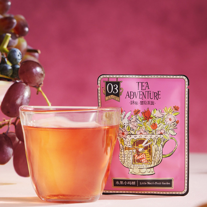 18-Flavour Adventure Tea Journey sachet with fruit tea in a glass