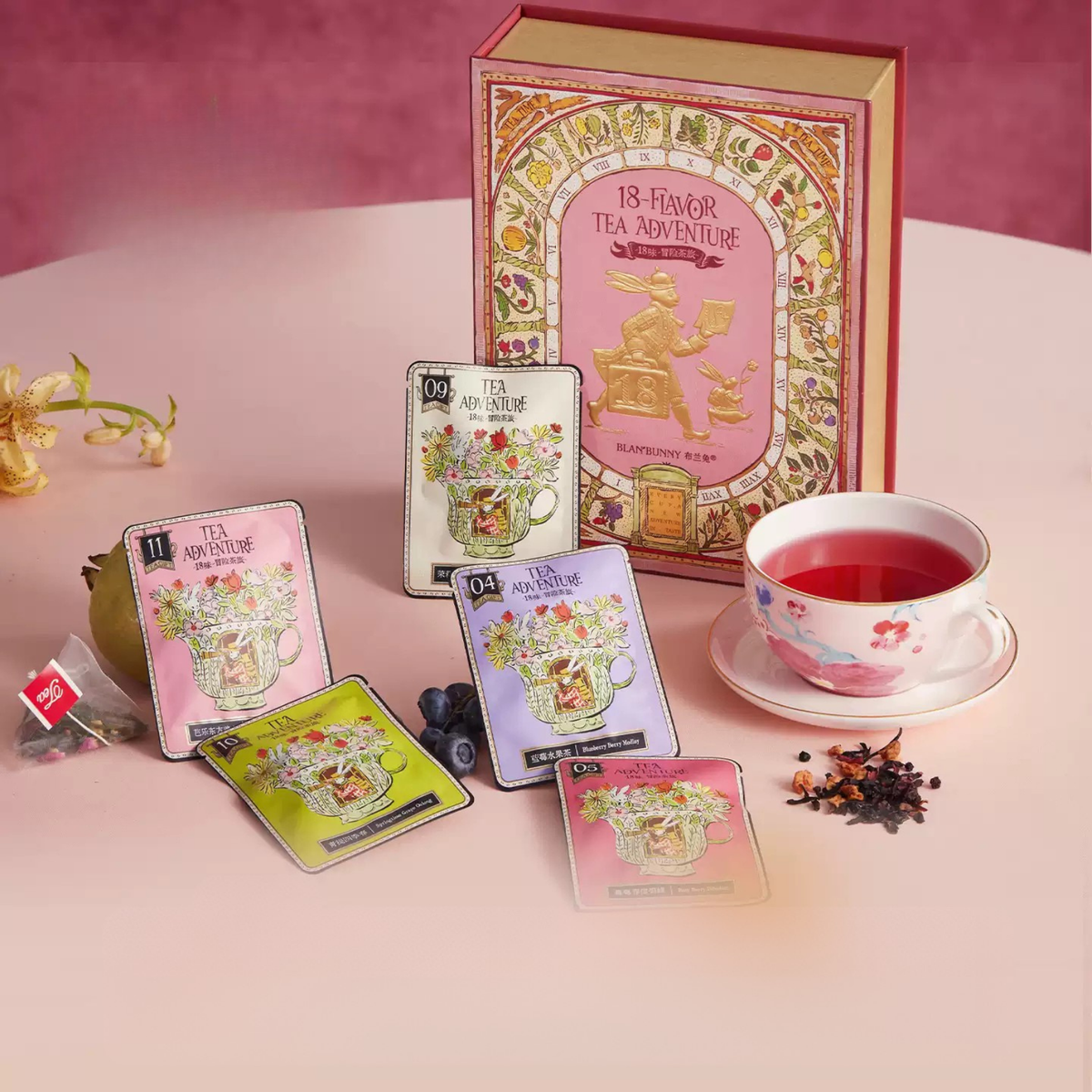 18-Flavour Adventure Tea Journey gift box with tea sachets and a cup of tea