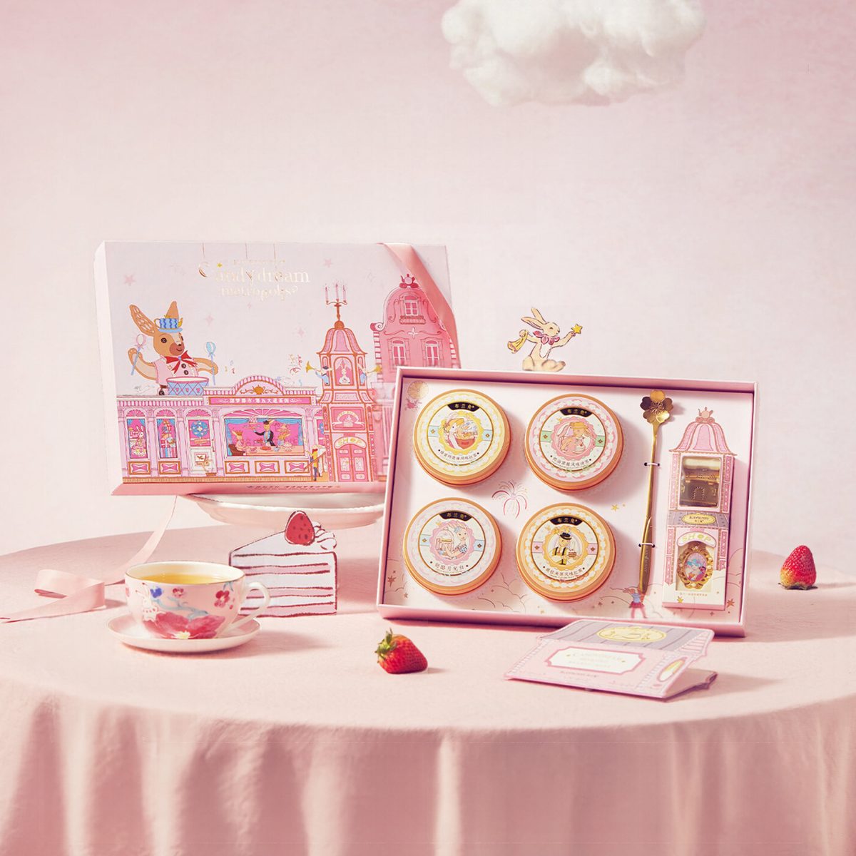 Fifth Avenue Tea Street open gift box with illustrated packaging and tea tins