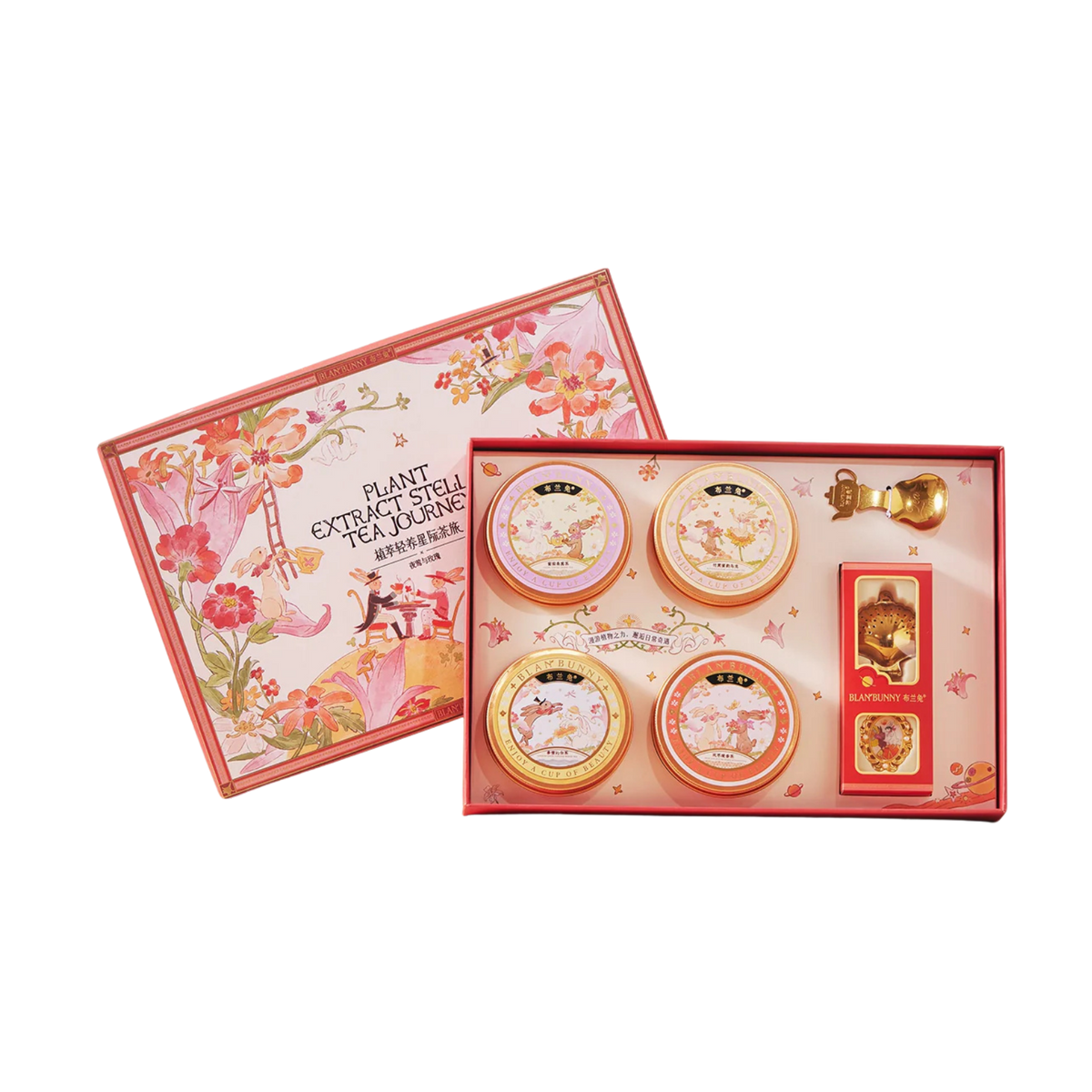 Nightingale and Rose tea gift box with illustrated floral lid, tea tins and accessories