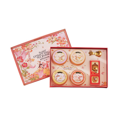 Nightingale and Rose tea gift box with illustrated floral lid, tea tins and accessories