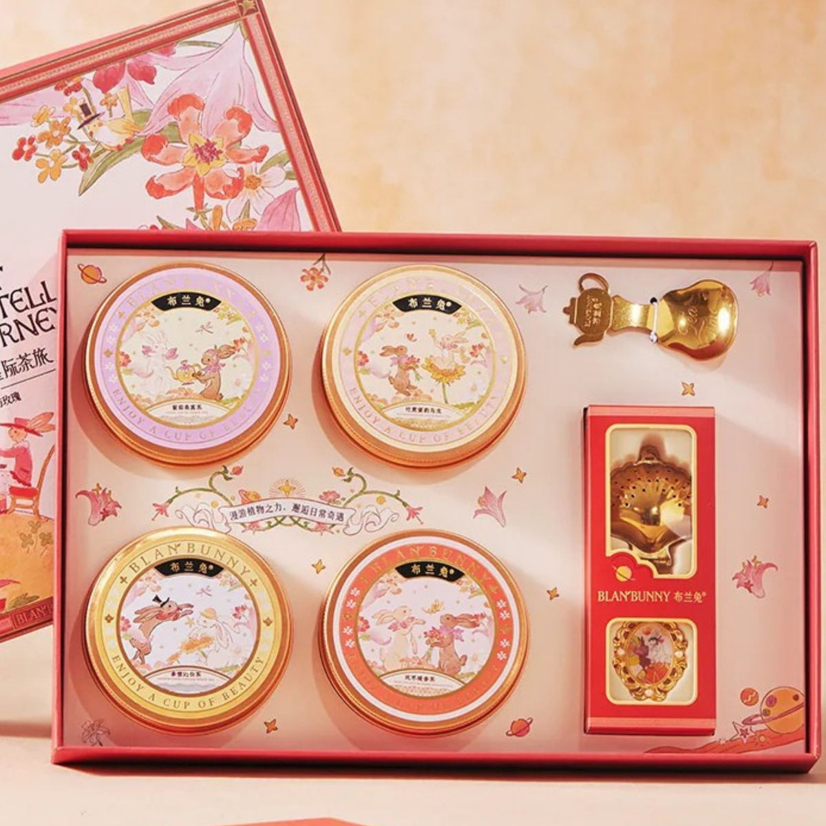 Nightingale and Rose gift box interior with tea tins and accessories