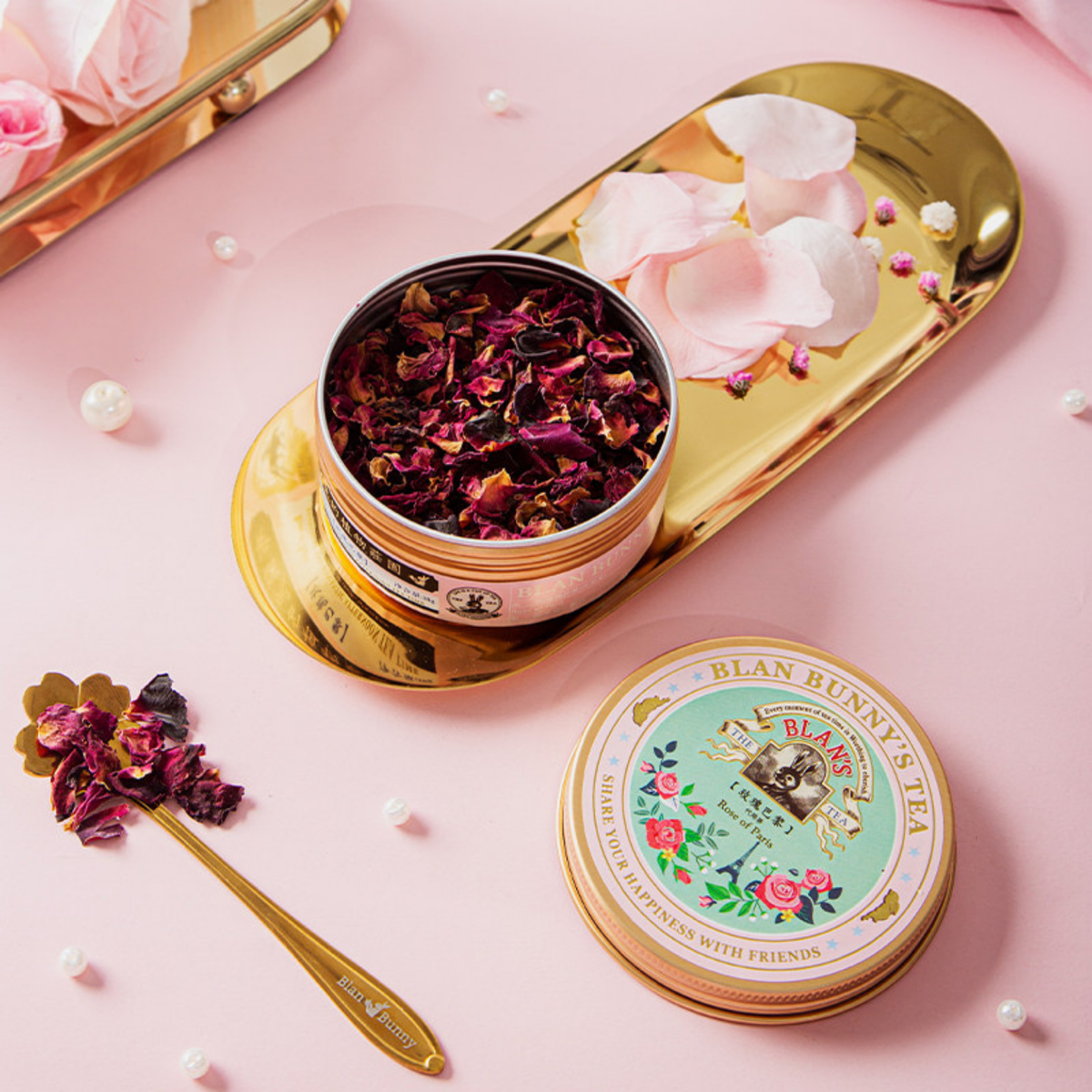 Rose Paris Herbal Tea — open tin and loose rose petals